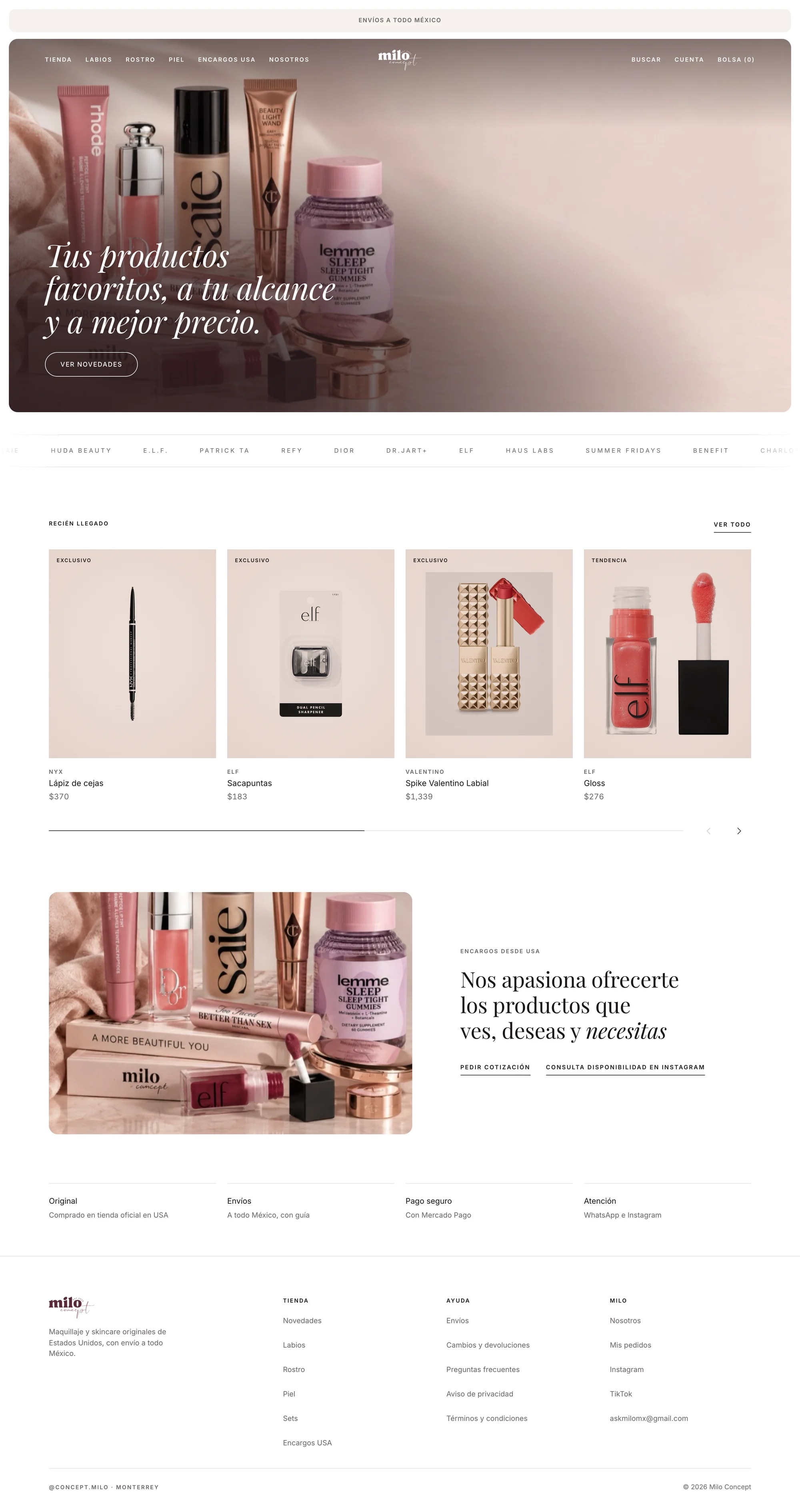 Inicio de miloconcept.com en computadora: portada con productos de maquillaje y el lema «Tus productos favoritos, a tu alcance y a mejor precio», marcas, novedades y encargos desde USA.